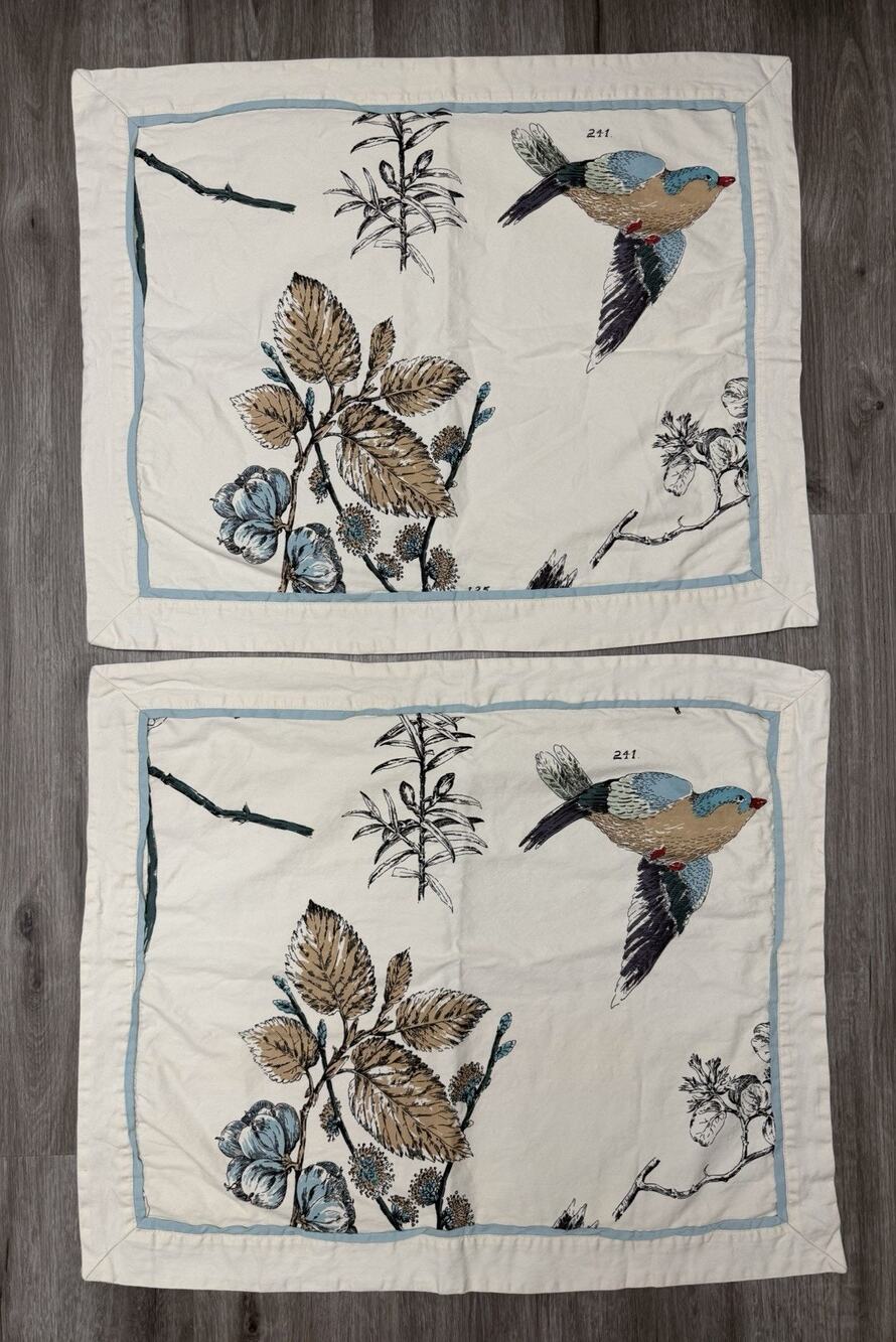 Madison Park Quincy Pillow Shams x2 Bird Floral Nature Khaki Blue Border